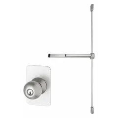 Rim-type exit device with touchbar style for doors up to 3 ft wide. Aluminum construction with knob outside trim. ADA compliant. Suitable for commercial egress applications requiring code-compliant panic hardware.