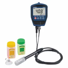 Portable meter for measuring pH, ORP, and temperature in field or lab applications. Includes pH/ORP electrode with temperature sensor, buffer solutions pH 4 and 7, and mounting suction cup. Configured for temperature testing.