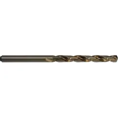 Cobalt jobber-length drill bit with 135° split point for reduced walking and lower thrust requirements. Straw/bronze cobalt finish provides heat resistance for high-speed drilling in ferrous metals. Decimal equivalent 0.2402 in. Suitable for general-purpose drilling in tough materials such as stainless steel and hardened alloys.