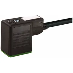 Single-ended cordset with female right-angle DIN Form Industrial B connector and bare wire termination. 3-pin configuration with 18 AWG wire, 5-meter PVC black cable, and IP67 rating. Used for connecting solenoid valves in industrial automation and control systems.