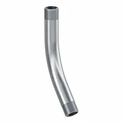 This 45° aluminum elbow is used to change the direction of rigid metal conduit (RMC) runs. It has a 1 in trade size, 9 3/32 in overall length, and NPT threads. Complies with UL 6A and ANSI C80.5 standards.