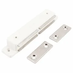 Plastic magnetic push-to-close door catch with pull opening action. Measures 5/8 in height and 4 3/16 in width. Used in cabinets, enclosures, and access panels for secure closure and easy manual release.