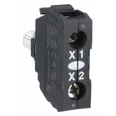 White LED lamp module for use with XB4 series selector switch operators. Rated 120 V AC, includes bulb, and features screw clamp terminals for secure wiring. Suitable for industrial control panels and machinery to indicate switch status.