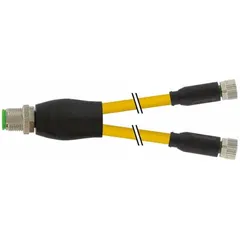 M12 male straight to two M8 female straight Y-distributor cordset with yellow PVC jacket. Rated IP65, 0.25 sq mm wire size, 0.6 m cable length. Used to split a single M12 connection into two M8 connections for distributing signals or power to sensors or actuators in flexing applications.