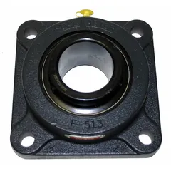 General purpose 4-bolt flange-mount ball bearing with a 2-inch cylindrical bore and cast iron housing. Features set screw locking and NLGI #2 equivalent lubricant. Designed for radial load support on rotating shafts in conveyors, fans, and material handling systems. Mounting bolt size is 5/8 inch.