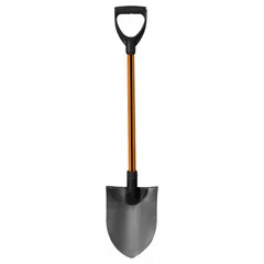Round point shovel with a 14-gauge steel blade and black finish. Features a black fiberglass D-grip handle for non-conductive operation. Suitable for digging and moving soil, gravel, or other loose materials in general landscaping and construction tasks.