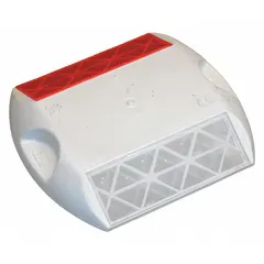 Two-way reflective pavement marker with white body and white lens. Measures 4 in x 3 1/2 in x 5/8 in. Installs on concrete using pressure-sensitive adhesive. Includes installation hardware. Pack of 100. Used for delineating lane lines, centerlines, and edge lines on road surfaces.