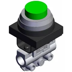 Shuttle valve with extended button actuator and side-ported body. Features 3 ports with 1/8 in NPT connections and a green actuator. Used in pneumatic circuits to select the higher of two input pressures for logic or priority switching in industrial automation and machine control.