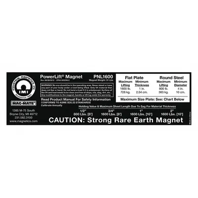 MAG-MATE Replacement Capacity Sticker: 900258 - Accessories for Below-the-hook Lifting Magnets
