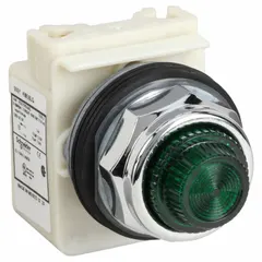 Green LED pilot light from the 9001K Series with a 30 mm panel-mounting size. Provides visual status indication for industrial control panels, machinery, and automation systems. No push-to-test feature included.