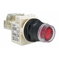 This illuminated flush-mount push button from the 9001SK series features a 30 mm non-metallic operator with momentary action and SPDT contacts. The flush profile is suited for control panels where a low-profile interface is required. Typical applications include industrial control stations and operator panels.