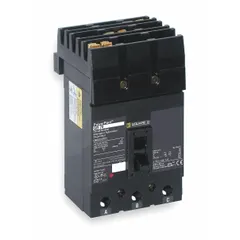 Molded case circuit breaker rated 90 A, 240V AC, with a maximum interrupting rating of 25kA at 240V AC. Three-pole design with ABC phase connection, fixed instantaneous trip, and lug terminals. Part of the QD series for use in I-Line panelboards, providing overcurrent protection in power distribution systems.