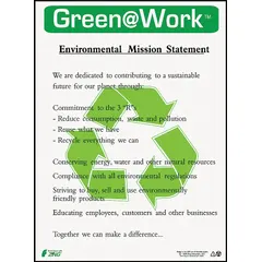 This 22 in x 16 in poster displays environmental mission statements in English. It has no protective coating, does not include a frame, and does not support writing on the surface. Suitable for workplaces to communicate sustainability messages.