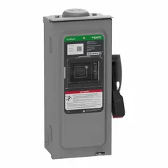 This SCHNEIDER fusible safety switch is rated for 30 A, three-phase, 600V AC/DC. The galvanized steel enclosure supports indoor and outdoor use. It serves as a visible disconnect for electrical circuits, enabling safe maintenance and emergency shutdown in industrial settings.
