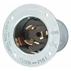 General purpose locking inlet rated 480V AC and 50 A. Non-NEMA configuration with 2 poles and 3 blades. Silver finish. Suitable for industrial power connections requiring a secure locking interface to prevent accidental disconnection.
