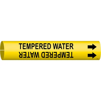 BRADY Pipe Marker: Tempered Water, Yellow, Black, Fits 2 1/2 to 3 7/8 in Pipe O.D. - Tempered Water Snap-On Pipe Markers
