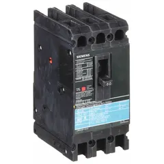 Siemens ED4 series molded case circuit breaker rated 60 A with 18kA interrupting capacity at 480V AC. Features fixed instantaneous trip, ABC phase connection, and load side lug terminals. Suitable for overload and short-circuit protection in industrial distribution equipment, panelboards, and motor control centers.