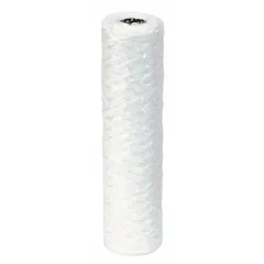 String-wound water filter cartridge for sediment removal in industrial water systems. Cotton filter media with 5 micron rating. Flow rate 20 gpm, overall height 20 in. Supplied in a 6-pack.
