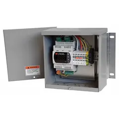 This steel temperature interlock is designed for commercial kitchen hoods. It monitors temperature via one sensor and can shut down exhaust or supply fans when triggered. Includes a UL Approved Quick Seal. Typical applications include fire safety compliance in restaurant and industrial kitchen ventilation systems.