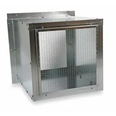Steel enclosure designed for wall-mount ventilation fans with an 8-inch blade diameter. Constructed from 18-gauge steel with dimensions of 13-5/8 x 13-5/8 inches. Includes four side panels. Provides a mounting frame and airflow channel for exhaust or supply ventilation systems.