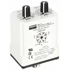 Socket-mounted time delay relay with 8 pins/terminals. Rated for 240V AC and 10 A. Used in industrial control panels for timing control of equipment such as motors, conveyors, and lighting in automation and process control applications.