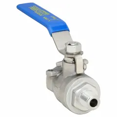 Manual two-way ball valve with straight valve body and lever handle. Constructed from 316 stainless steel for corrosion resistance. Used for on/off flow control in industrial piping systems, including chemical processing, water treatment, and general plant maintenance.