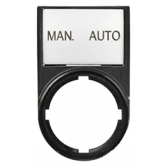 Rectangular legend plate for 22 mm panel mounting, made of non-metallic polyester with a black finish and notch. Overall height 1 7/16 in, overall width 1 5/16 in. Features English language Man-Auto marking for labeling push-button stations in industrial control panels.