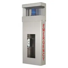 Wall-mounted emergency telephone tower in gray stainless steel with hooded light. Operates on 24V DC and meets ADA requirements for signage and call button mounting height. Suitable for use in parking garages, campuses, and industrial facilities as a reliable call point.