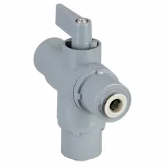 This three-way ball valve is made of PVC with an L flow configuration, featuring push-fit connections on all ports. It has a one-piece body and a lever handle for manual operation. The valve is NSF 51 compliant, suitable for use in plumbing systems requiring corrosion resistance and sanitary conditions.