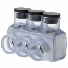 Single-sided entry multitap connector with aluminum body for splicing and tapping multiple conductors in dry-location electrical installations. Accommodates wire sizes from 6 AWG to 350 kcmil. Clear cover allows visual inspection of connections. Suitable for use in junction boxes, panelboards, and control panels.