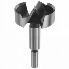 Carbon steel Forstner drill bit with a 2 in diameter, 3/8 in straight shank, and 4 in overall length. Designed for cutting clean, flat-bottomed holes in wood, plywood, and composite materials. Suitable for cabinetmaking, furniture joinery, and hinge installation.