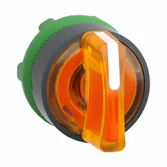 Illuminated selector-switch operator from Series XB5 with three positions and momentary/maintained/momentary action. Features a non-metallic switch bezel and no cam included. Suitable for industrial control panel applications requiring compact illuminated switching.