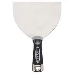 Stainless steel straight blade with plastic handle. Used for applying and smoothing joint compound, spackle, or adhesive in drywall finishing and general construction.
