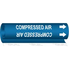 Wrap-around pipe marker for identifying compressed air lines. Blue background with white legend text and directional arrows. Fits pipe outer diameters from 1/2 to 1-3/8 inches. Single marker supplied.