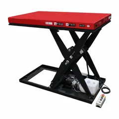 This fixed-top electric lift table has a 5000 lb load capacity and lifts to a maximum height of 48 in. The 56 in long platform supports material handling tasks such as positioning workpieces at assembly stations or adjusting pallet height for order picking. Hydraulic mechanism powered by 115V AC.