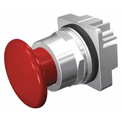 30 mm mushroom-head push-button operator with maintained action, requiring manual reset after actuation. Non-metallic push button material provides corrosion resistance. Suitable for industrial control panels and machine safety applications.