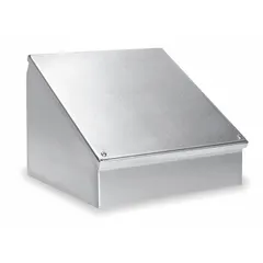 This WIEGMANN console enclosure is constructed from steel and measures 12 inches by 16 inches by 9 inches. It is rated NEMA 12/13, providing protection against dust, dirt, and non-corrosive liquids. Suitable for housing electrical and electronic components in industrial environments such as factory floors and machine shops.