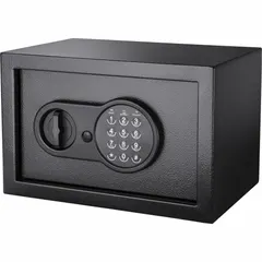 Steel wall-recessed safe with 0.36 cu ft capacity, measuring 8 in H x 12 1/4 in W x 8 in D. Features a digital combination lock and 2 locking bolts. Not fire rated. Suitable for storing valuables in home or office.