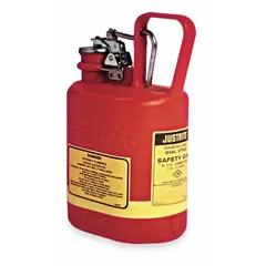 This JUSTRITE Type I safety can is designed for storing and dispensing flammable liquids. The 1-gallon capacity red polyethylene construction resists corrosion and impact. It includes a self-closing lid and flame arrester for safe operation. Suitable for industrial, laboratory, and maintenance environments.