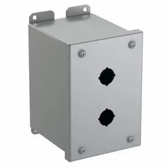 Carbon steel enclosure with two holes for 22mm push button operators. Rated NEMA 12/13 for oil-tight and dust-tight protection. Suitable for industrial control stations and machine tool applications.
