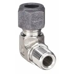 This PARKER CPI series single-ferrule stainless steel compression elbow connects 1/4 in OD tubing to a 1/8 in male NPT port. It is used in instrumentation, process control, and hydraulic systems for leak-tight, vibration-resistant connections.