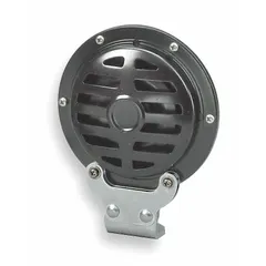 This WOLO electric horn is a high-tone audible warning device designed for material handling equipment. It operates on 36-48V DC and produces a maximum sound level of 115 dBA. The horn has a painted black finish and includes an L-mounting bracket for installation.