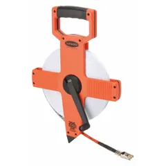 Manual open-reel long tape measure with a 200 ft SAE fiberglass blade graduated in 1/8 in increments on a single-sided scale. Features a nonmagnetic single hook at the hook end and a plastic case. Used for linear measurement in construction, surveying, and industrial layout where long-distance measuring is required.