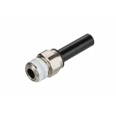 This LEGRIS fitting is a BSPT male thread to push-to-connect adapter, made of nickel-plated brass with a silver finish. It connects 1/4 in BSPT pipe to 4 mm OD tubing, providing a quick and secure joint for pneumatic or fluid systems. Suitable for use with air, water, or light oil in industrial automation and machine building applications.