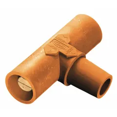 Three-way power connector with male-male-female gender configuration. Rated 600V AC/600V DC and 400 A. Orange housing. Used for splitting or combining circuits in industrial power distribution, temporary power setups, and generator paralleling.