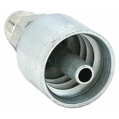 Steel straight crimp fitting for permanent hydraulic hose assemblies. Connects -6 dash size hose to a 3/4"-16 male JIC port. Used in high-pressure fluid power systems on industrial machinery and mobile equipment.