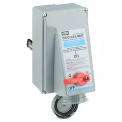 This watertight mechanical interlock from HUBBELL is rated for 240V AC, three-phase, 60 A, with 3 poles and 4 wires. It is a non-reverse-service device designed to prevent accidental disconnection or connection of electrical plugs under load. Suitable for industrial environments requiring safe power distribution in wet or harsh conditions.