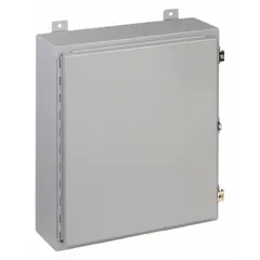 This steel enclosure is rated NEMA 12/13 for protection against dust, dirt, and non-corrosive liquids. It measures 48 x 36 x 12 inches with a solid hinged cover and clamp closure. No knockouts are provided. Suitable for housing electrical controls and components in industrial environments.