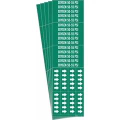 Green adhesive pipe marker with white legend reading 'Oxygen 50-55 PSI', designed for pipes with outer diameter of 3/4 inch and smaller. Includes directional arrows. Each pack contains 3 markers, sold in a 5-pack. Used to identify oxygen lines in piping systems for safety and compliance.