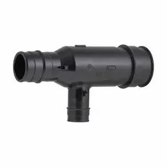 This UPONOR expansion polymer barbed tube fitting has a tee configuration with three barbed ends, sized 2 in ID x 1-1/2 in ID x 3/4 in ID. It uses an expansion PEX connection method for joining PEX tubing in hydronic heating, plumbing, and radiant floor systems.